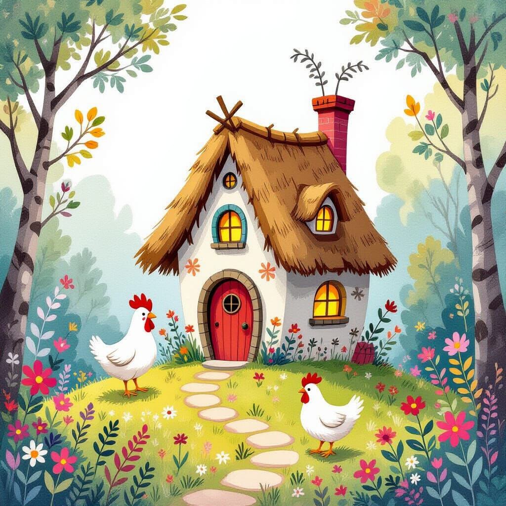 Baba Yaga's House in Cartoon Watercolor Style