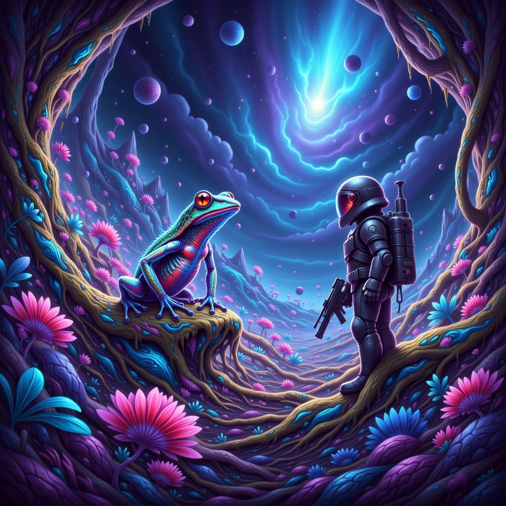 Alien Frog Meets Space Trooper on Vivid Planet