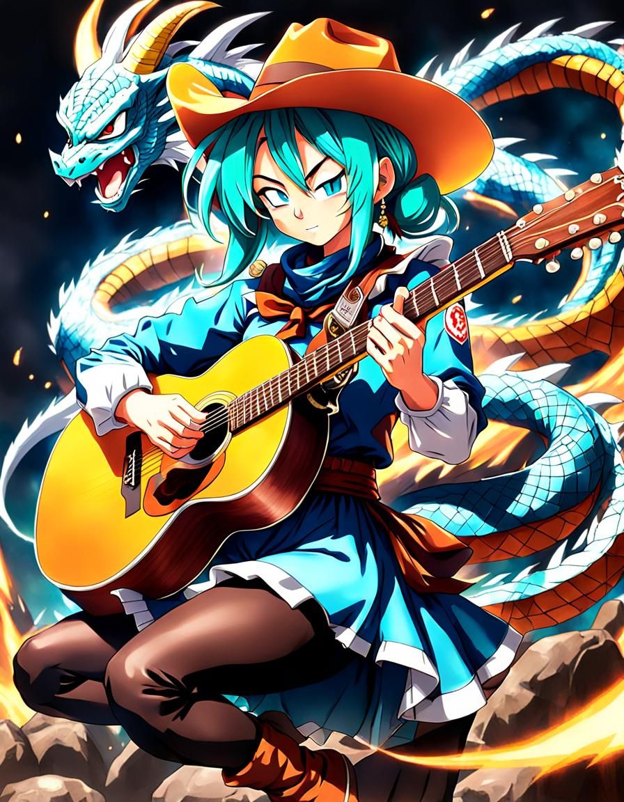 Anime Cowgirl Plays Guitar in Dragon Ball Style