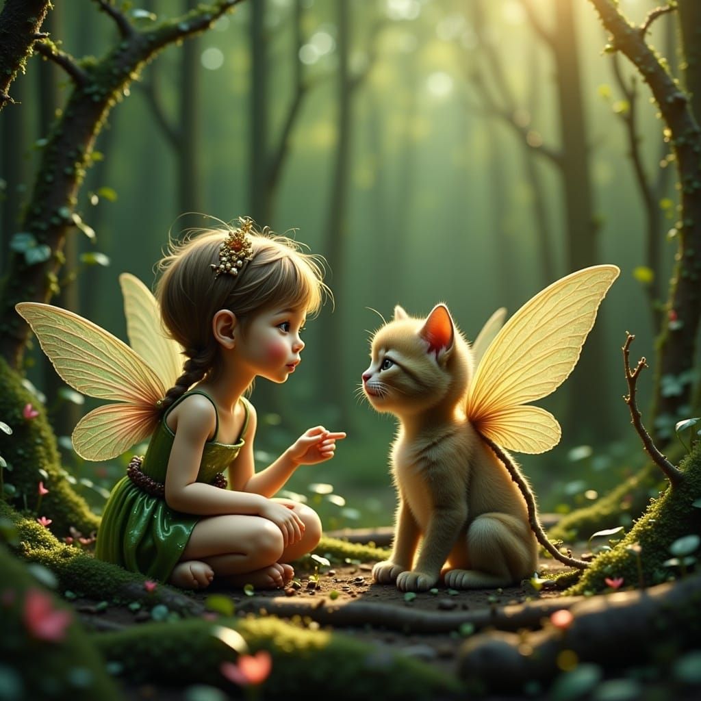 A cute little fairy child talking to a kitten in a forest gl...