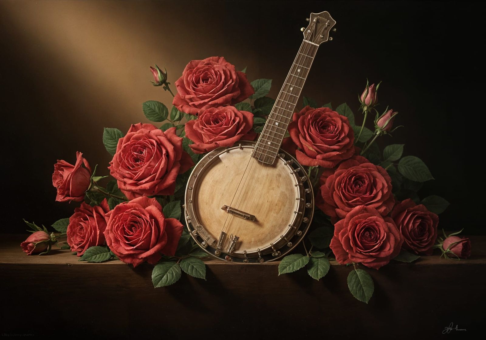 Vintage Banjo with Roses in Dutch Golden Age Style