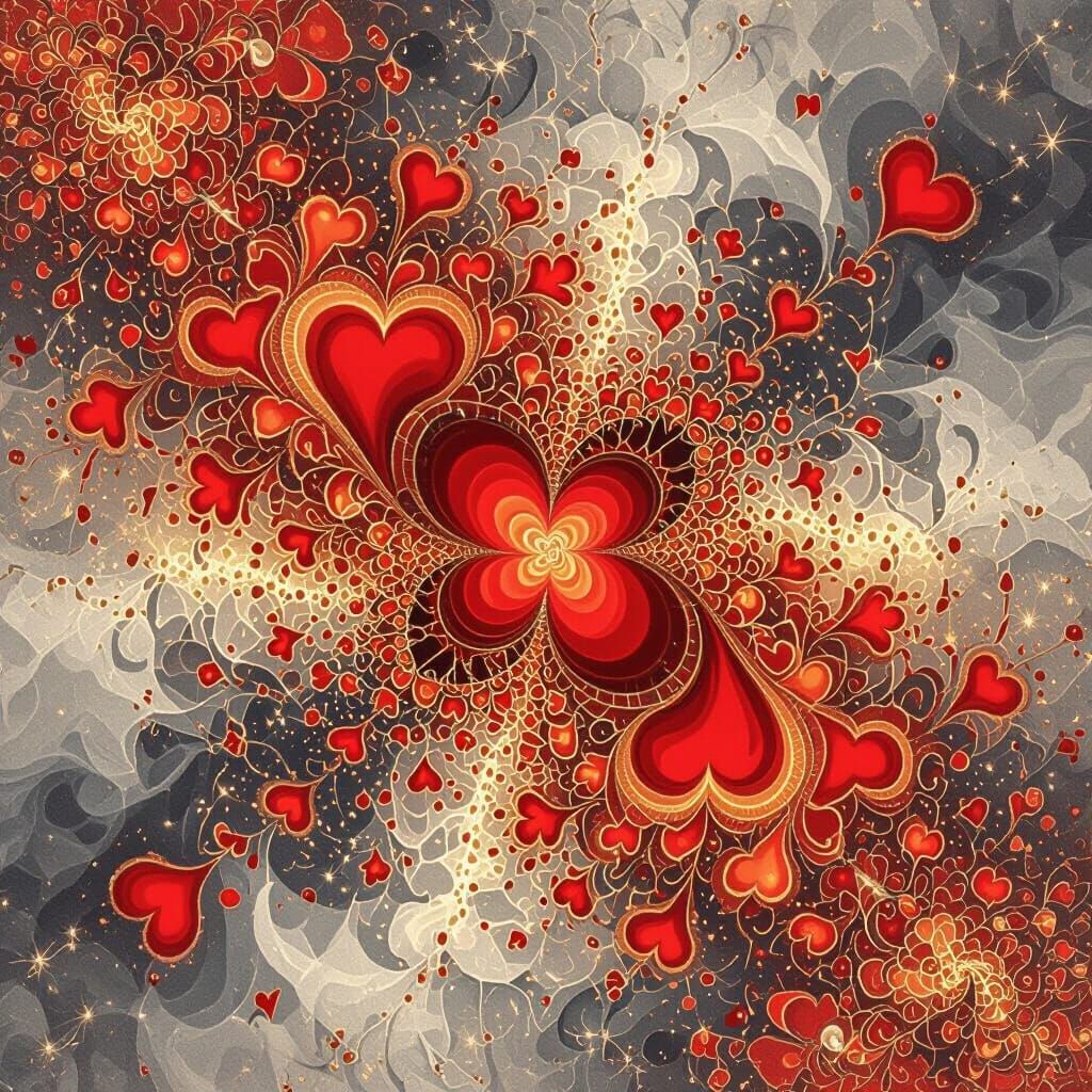 Majestic Fractal Heart with Gold Sparks in Ink Splash Style