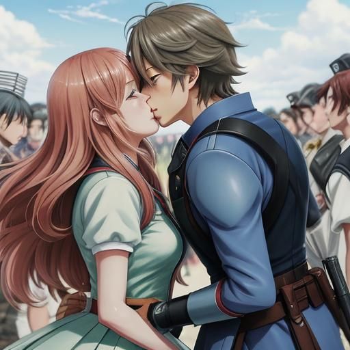 Anime Couple Kissing on Battlefield Scene
