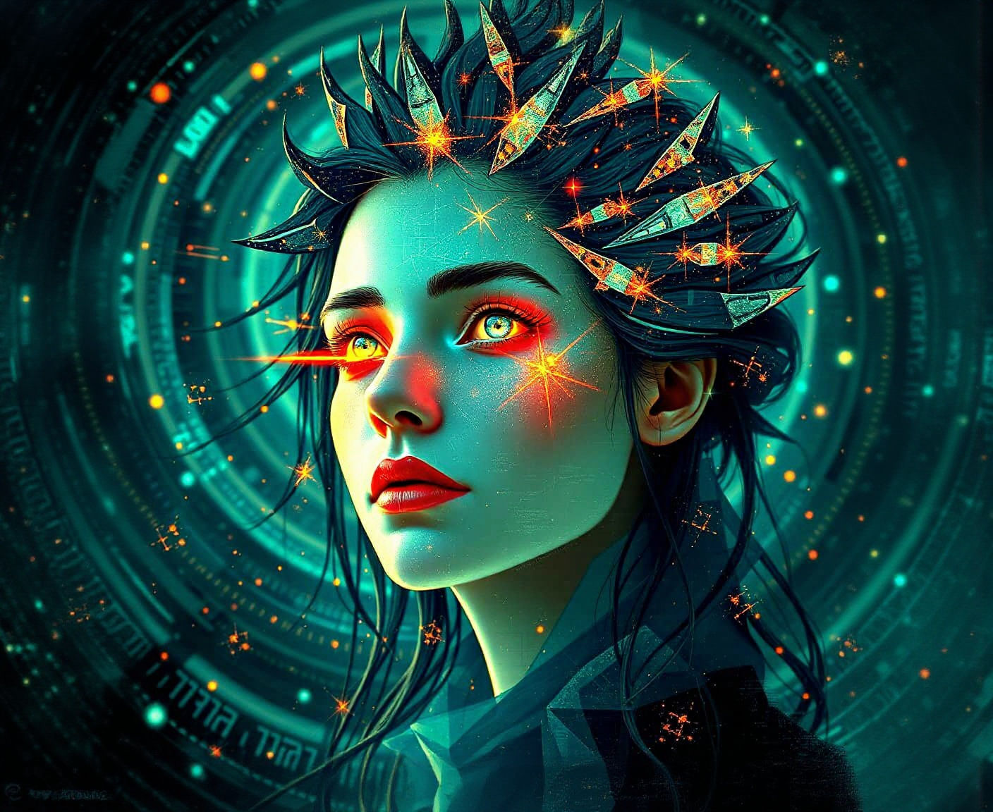 Bioluminescent Woman Portrait with Digital Glitches