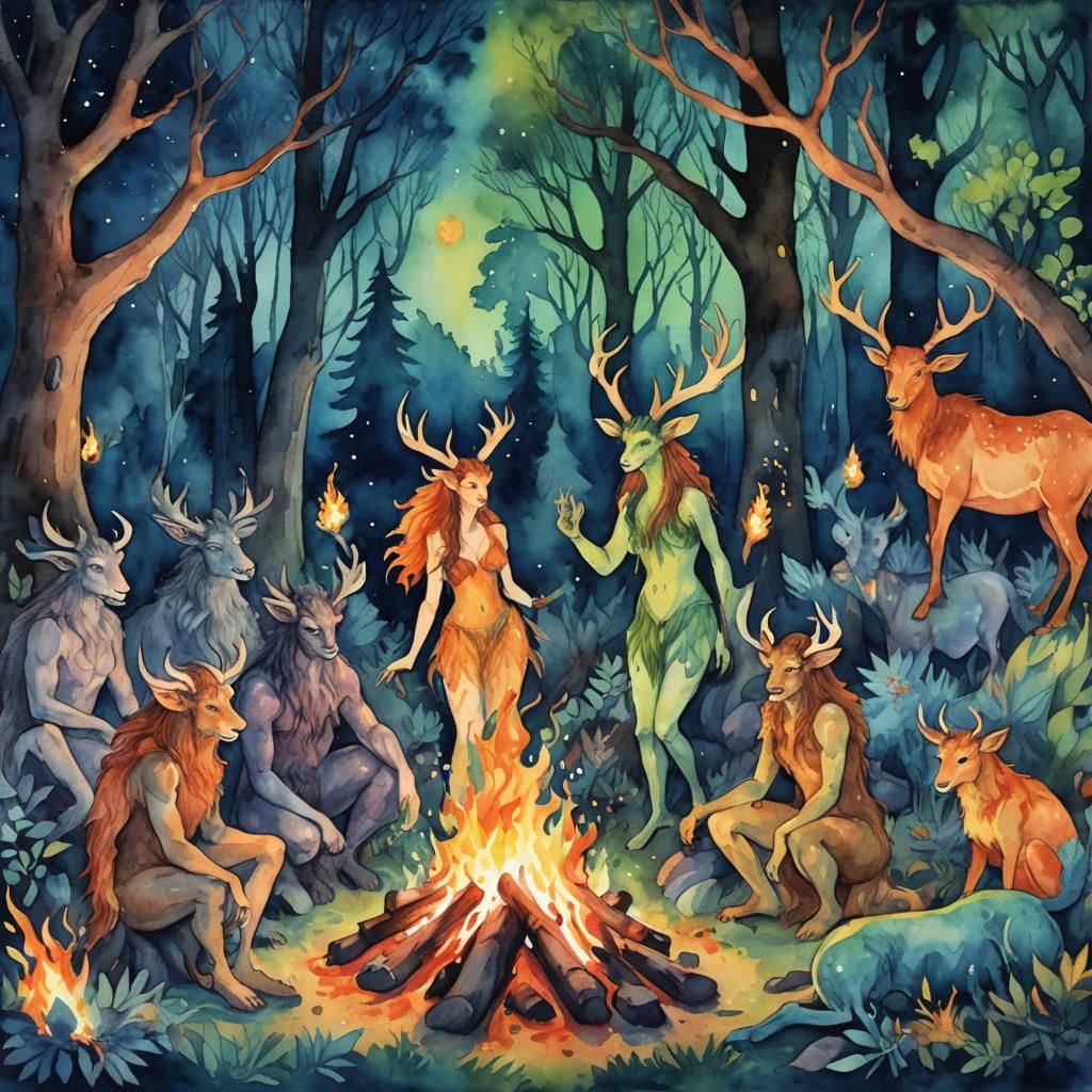 Mystical Creatures Gathered, Fauvist Fantasy Illustration