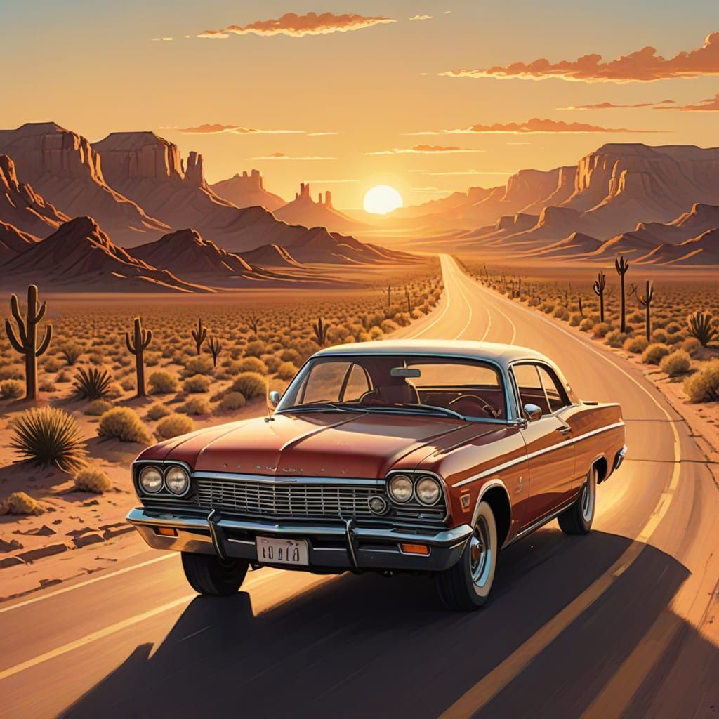 Vintage Car on Desert Highway at Sunset