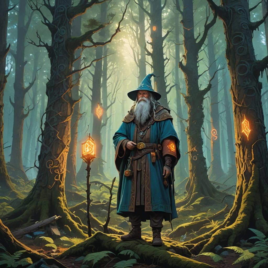 Mystical Wizard in Ancient Forest: Fantasy Concept Art