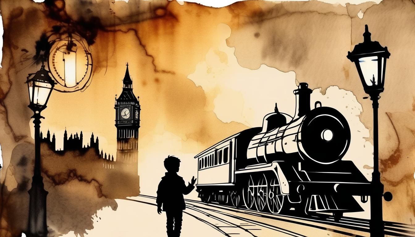 Boy Waving at Train in Steampunk Ink Painting