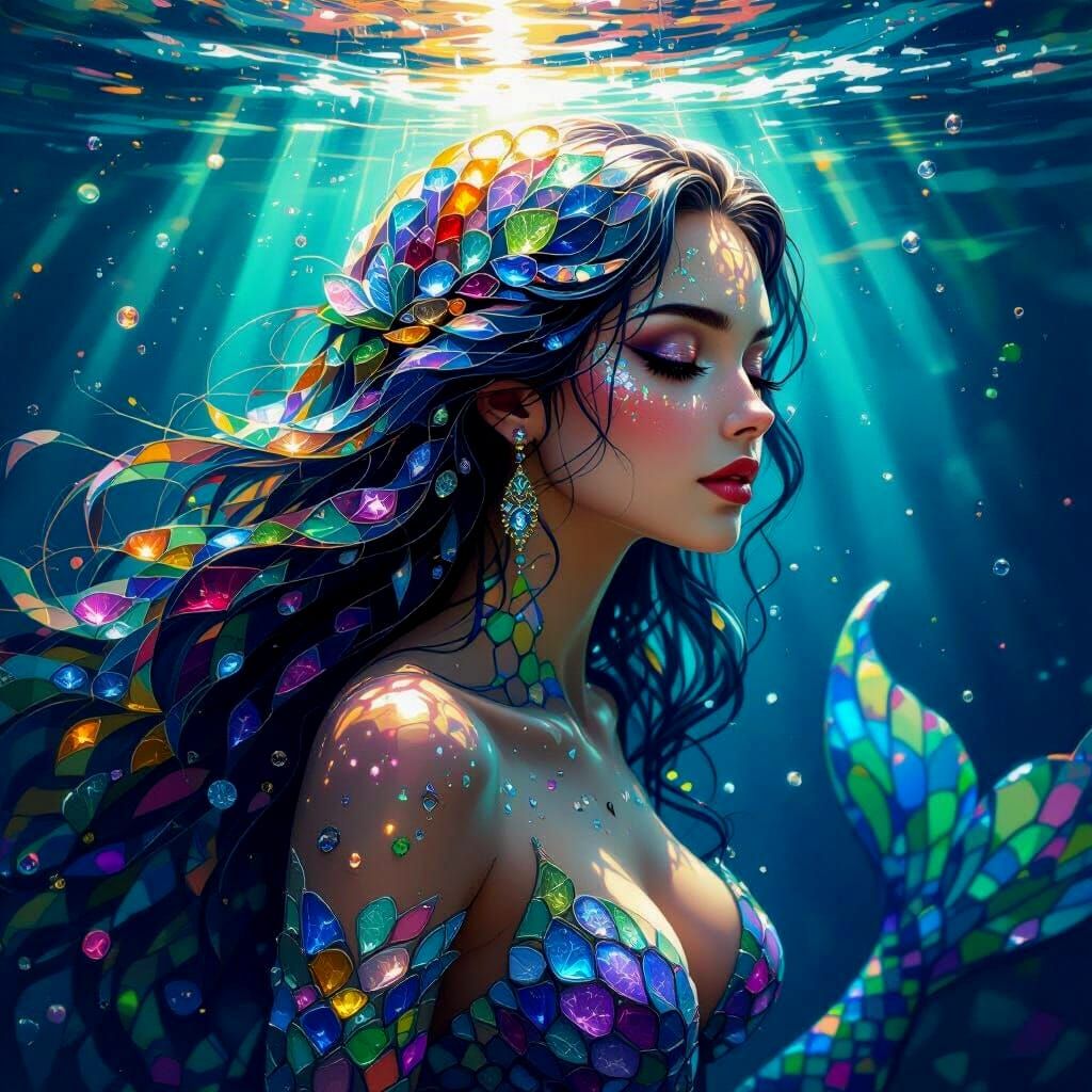 Mythical Mermaid Portrait with Sea Glass Hair and Scales