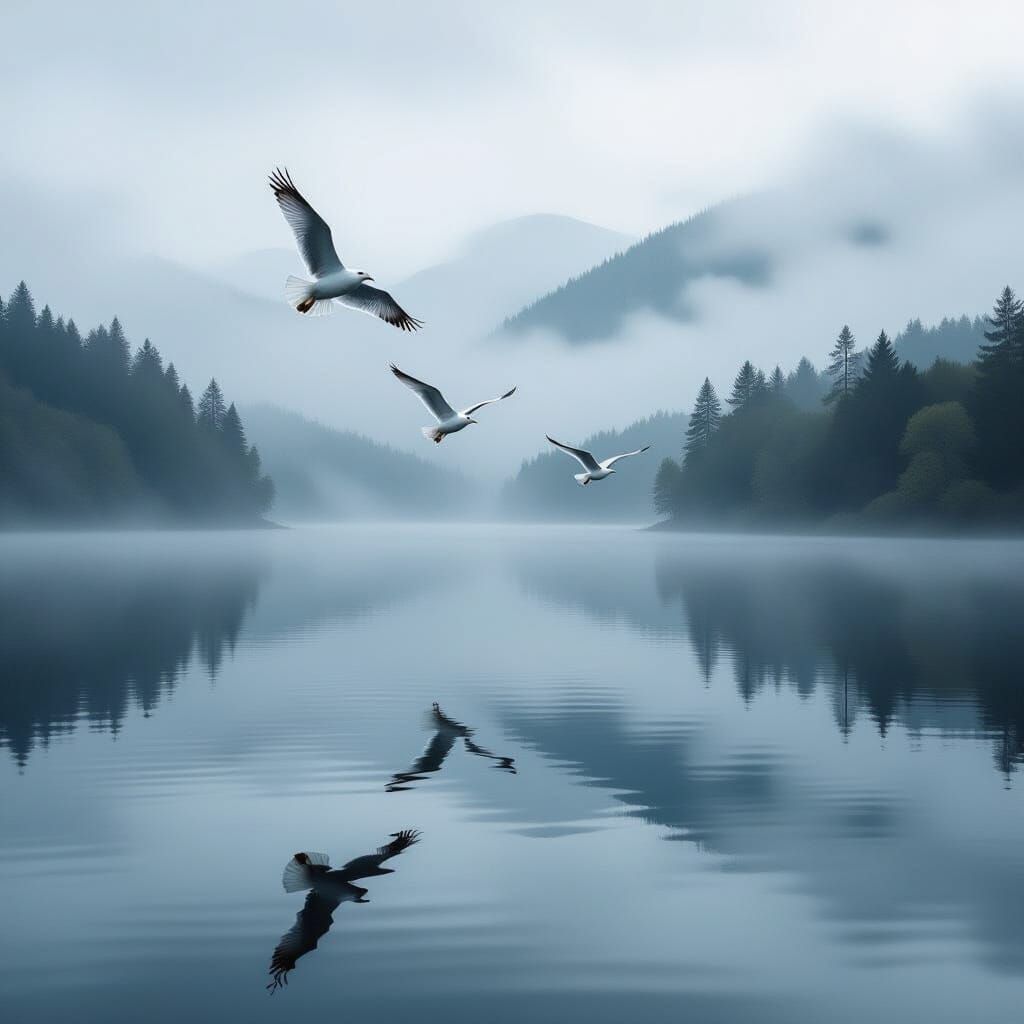 Seagulls Soaring Over Misty Lake: Romanticism Style