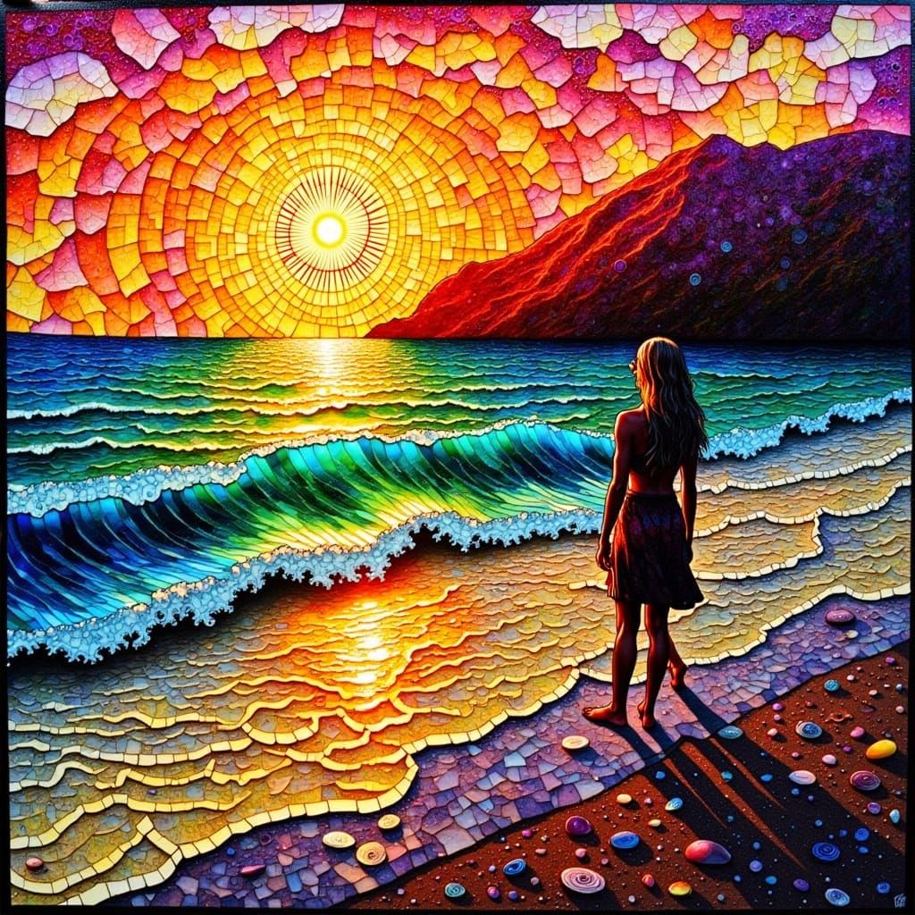 Mosaic Sunset Over Ocean in Stained-Glass Style