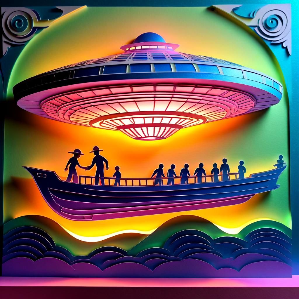 Kirigami Flying Saucer Abduction in Art Deco Style
