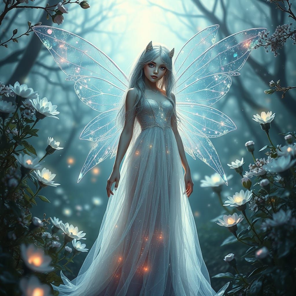 Hyperrealistic Fairy in an Alien Silver Garden