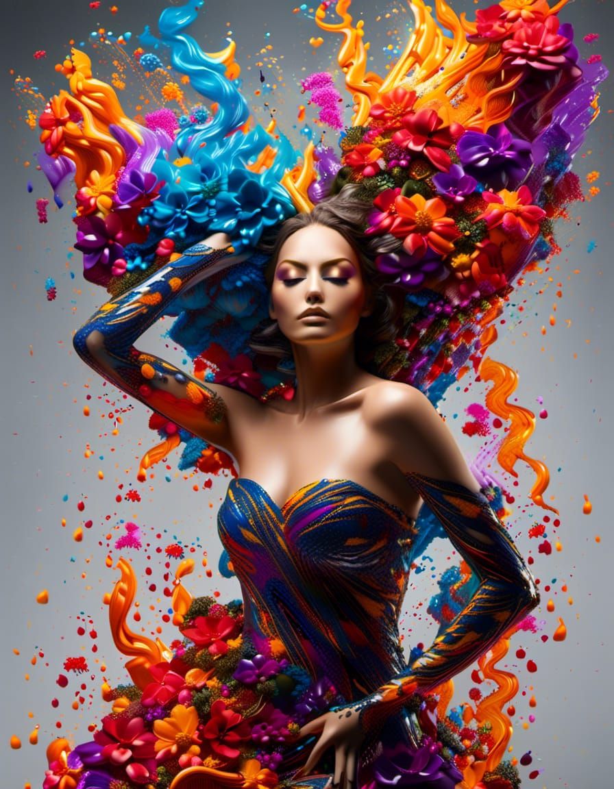 woman of flowers surrealisty, Beautiful woman, Dancing flames <lora:BearZFX:1.0>