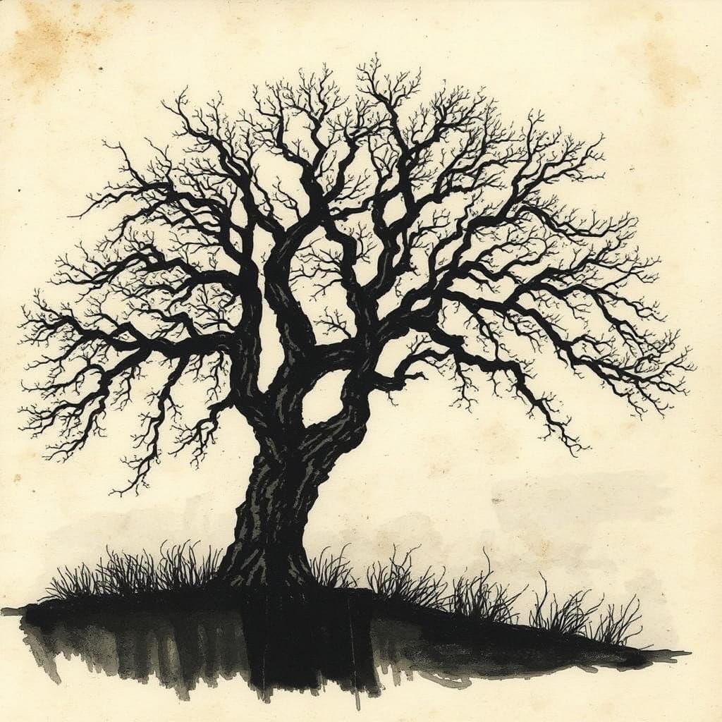 Tattered Oak Silhouette in Fog as Antique Watercolour