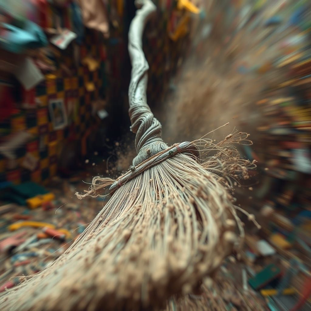 Cursed Broom Sweeping Up Dust in Surreal Chaos