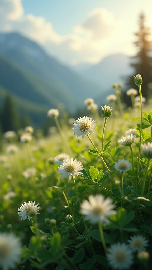Dreamy Clover Leaves and Distant Mountains
