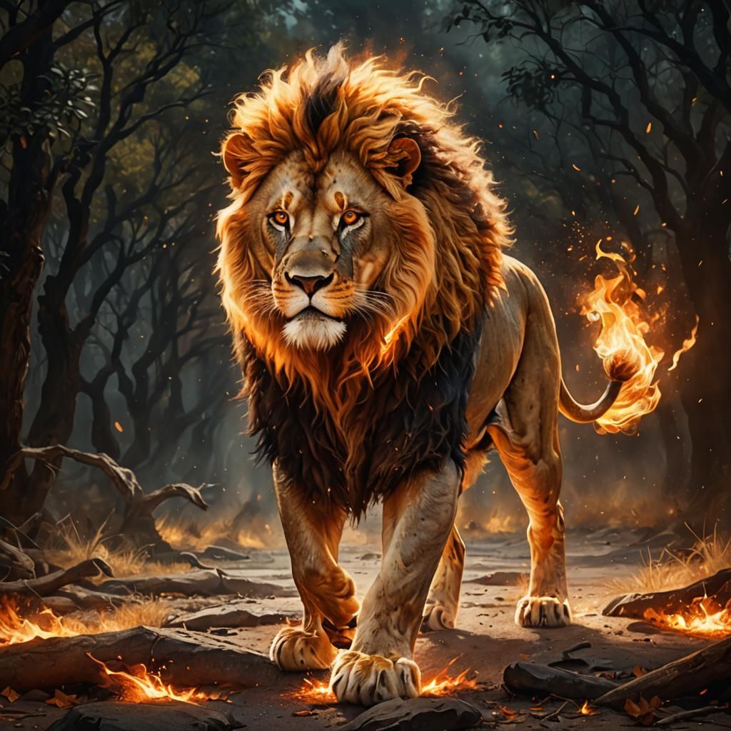 Fiery Lion Digital Painting in Hyperrealism