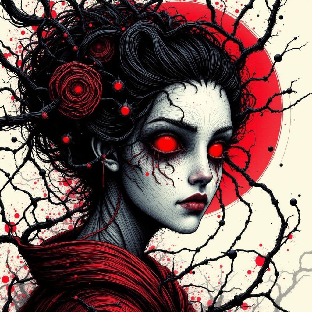 Mysterious Geisha with Ancient Wisdom in Schematic Style