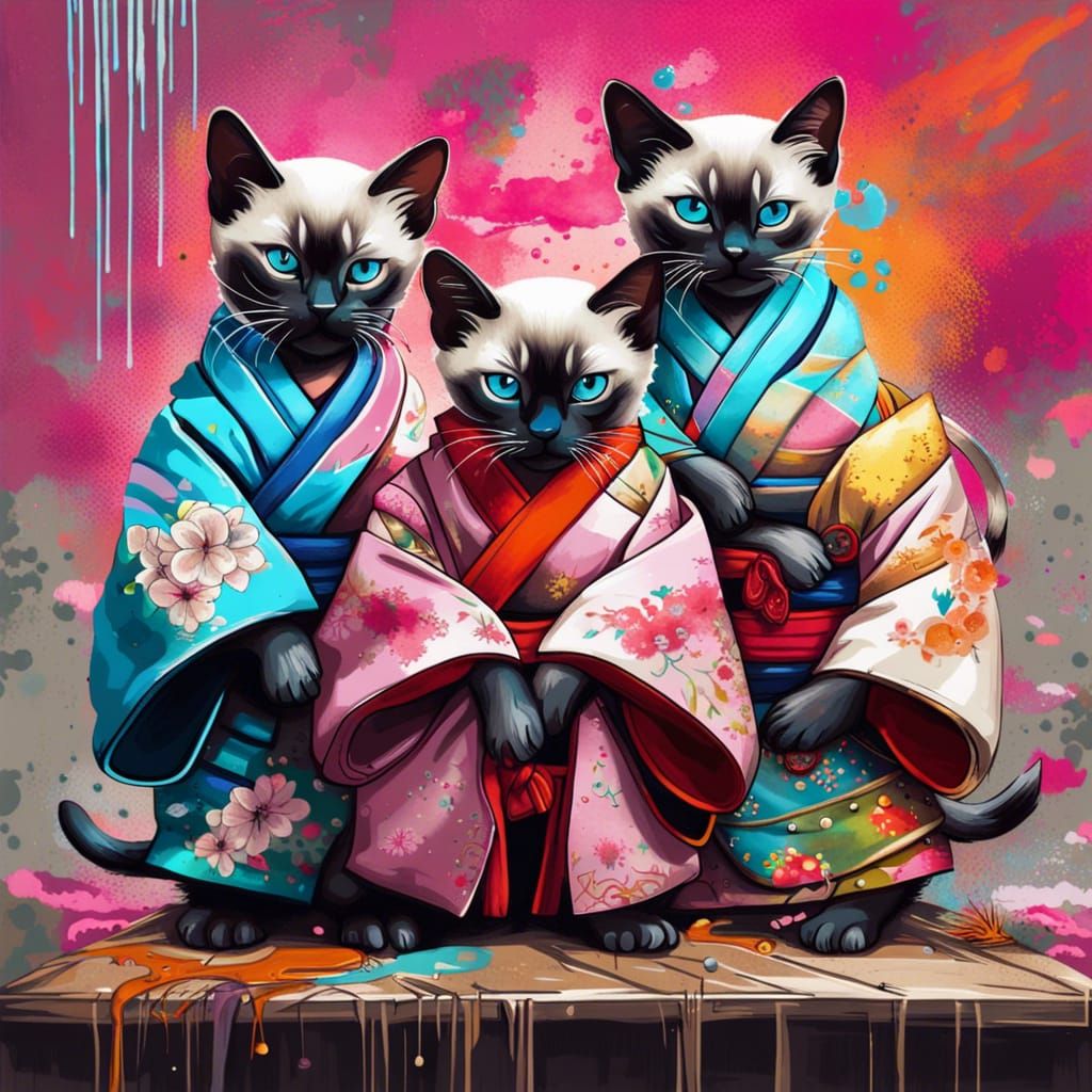 Siamese Kittens in Japanese Clothing: Graffiti Art