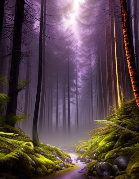 Gloomy Forest Under Purple Moon: Matte Painting