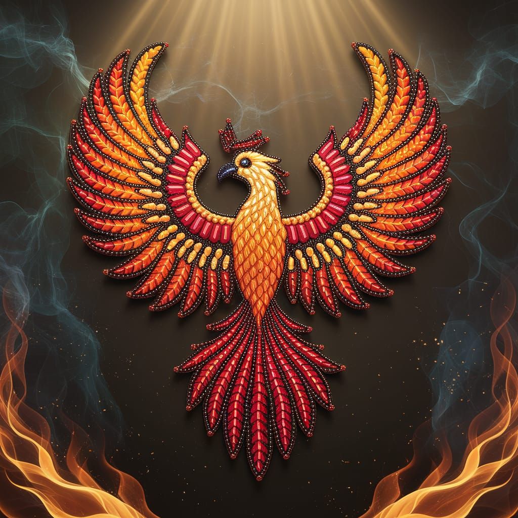 Vibrant Beaded Phoenix with Golden Highlights