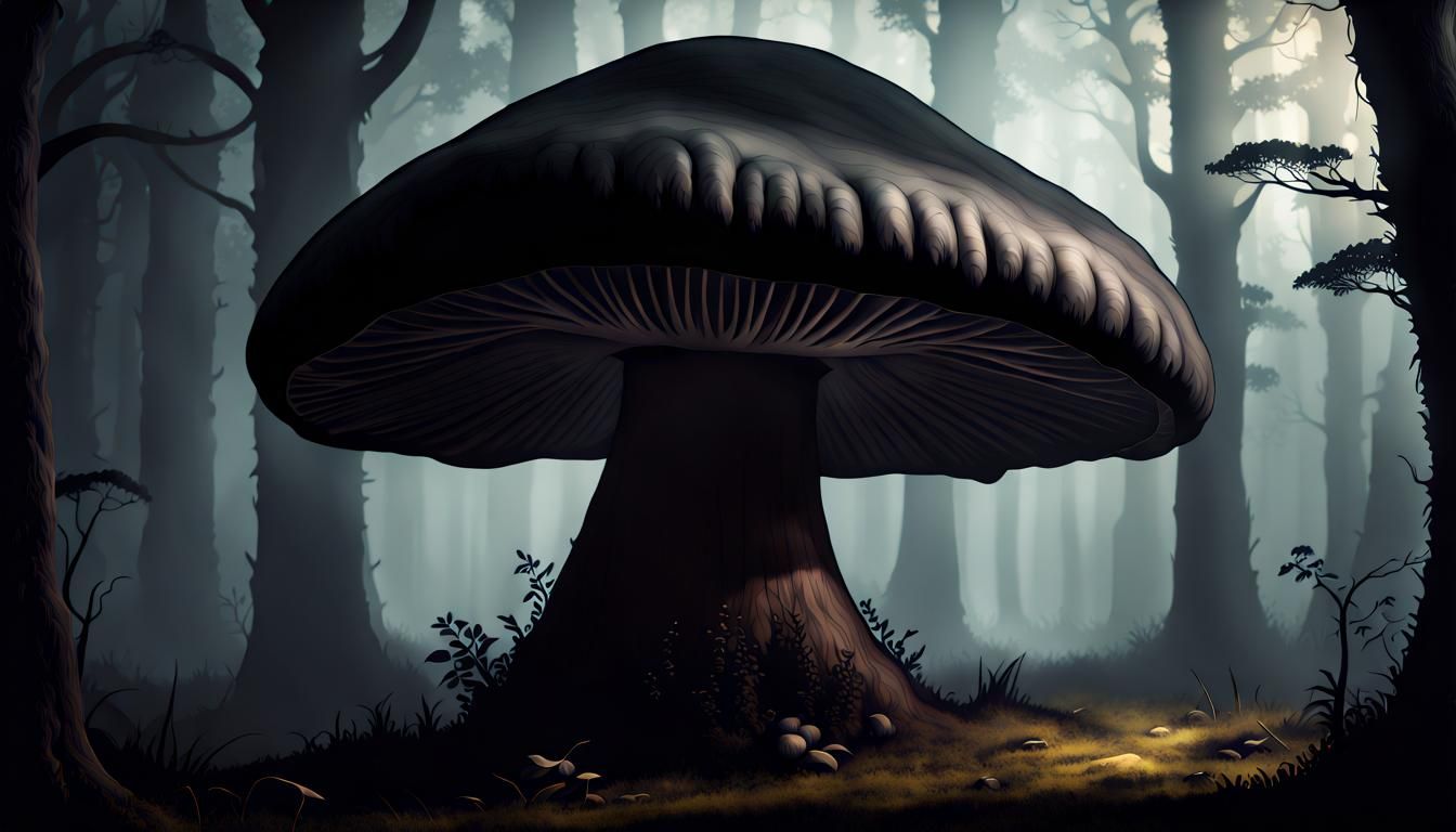 Giant Black Mushroom in Dark Fantasy Style