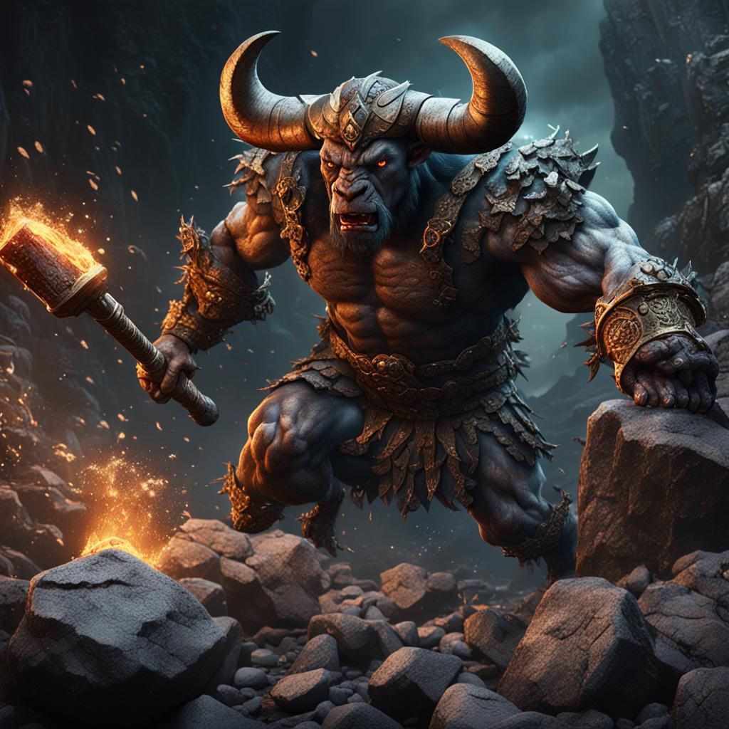 Minotaur Prisoner Breaking Rocks in Matte Painting Style