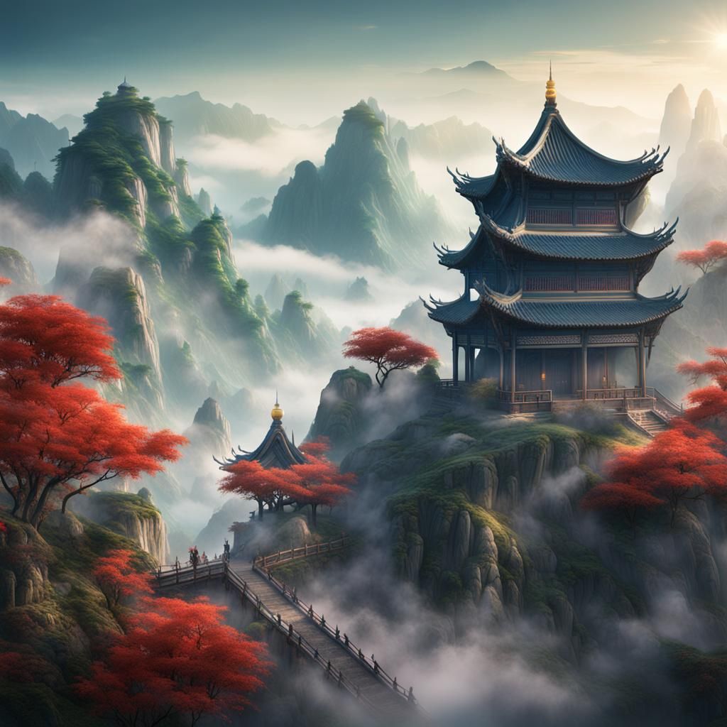 Foggy Mountains with Bamboo Forest, Chinese Temple