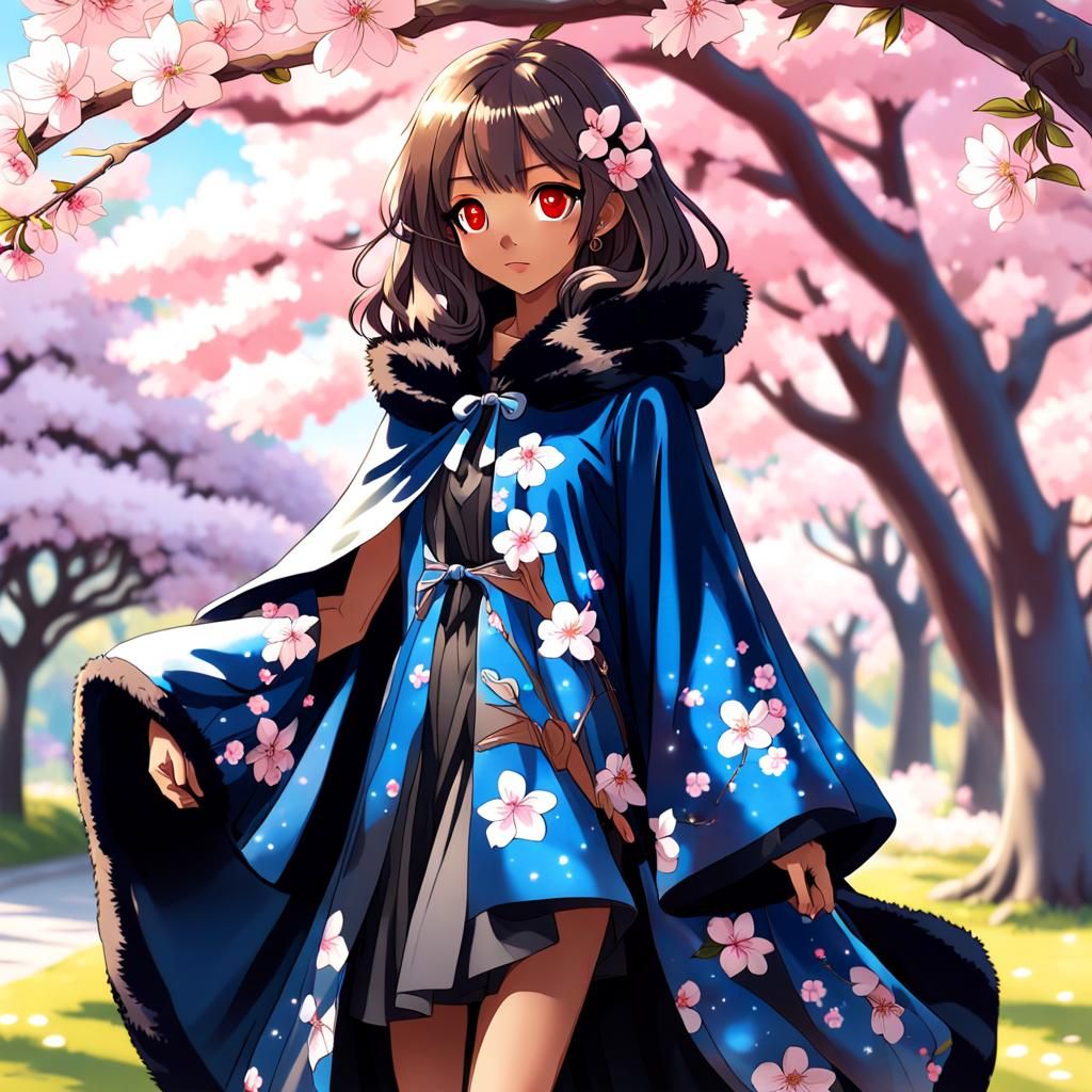 Anime Woman in Floral Dress Under Cherry Blossoms
