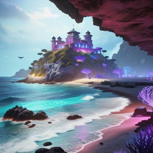 Tropical Cyberpunk Beach Fortress at Dusk