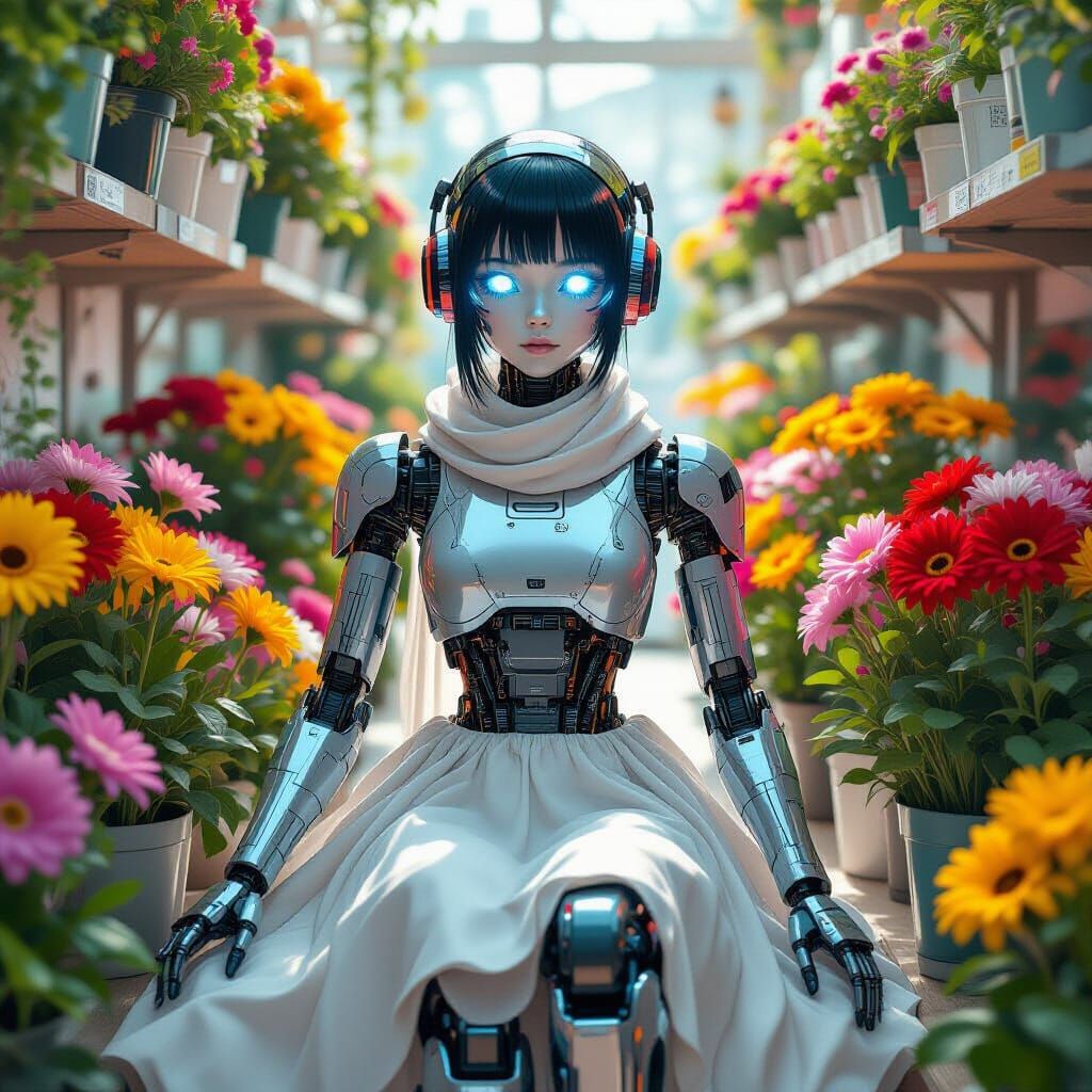 Robot Girl Surrounded by Flowers in Cyberpunk Style