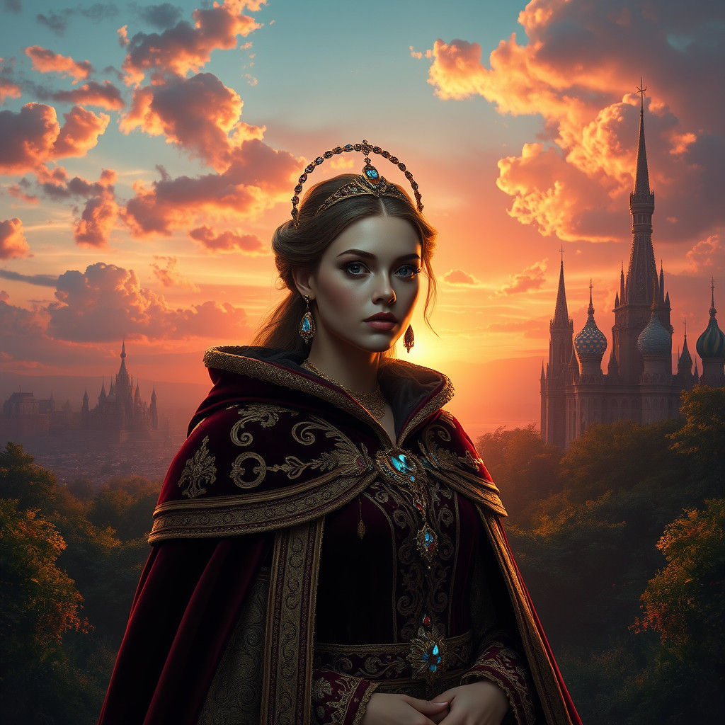 Regal Woman in Lush Greenery: Digital Matte Painting
