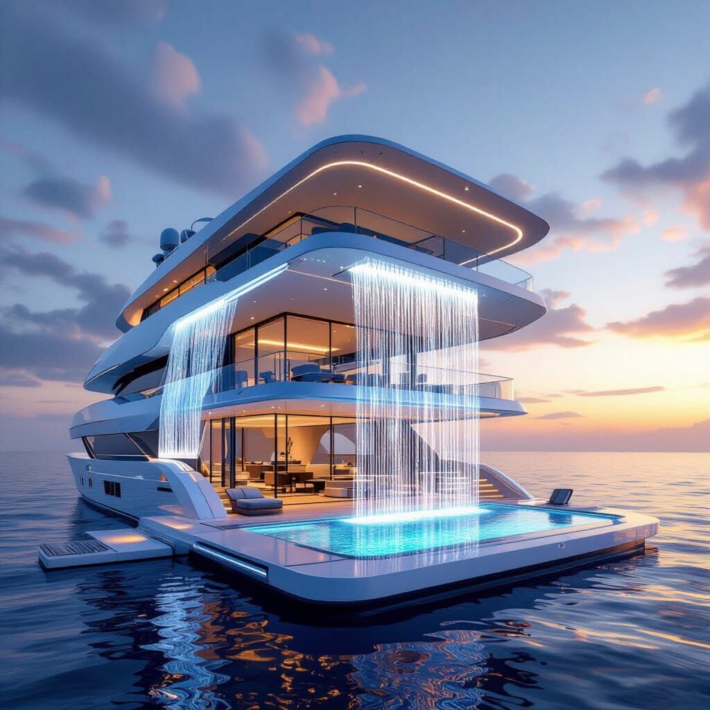 Modern Superyacht at Sunset with LED Lights