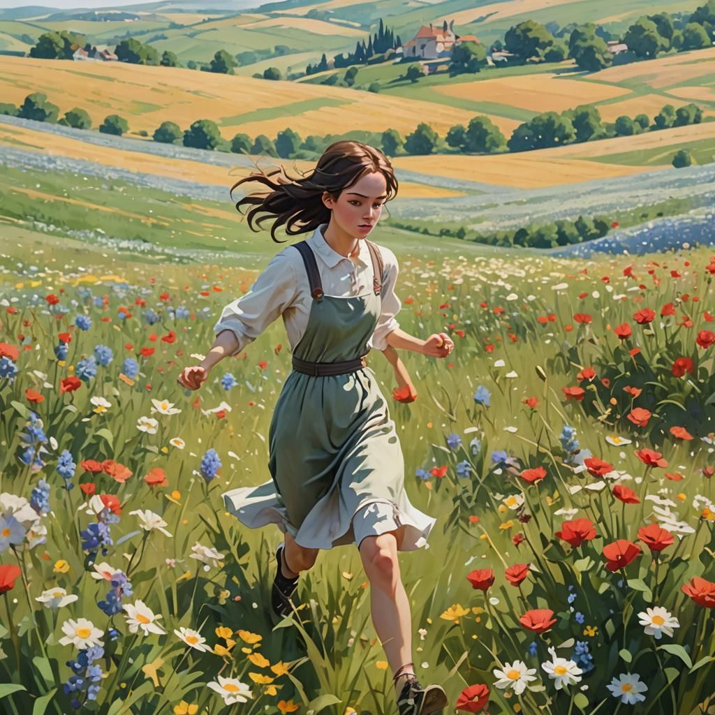 Girl in Floral Field: American Impressionism Painting