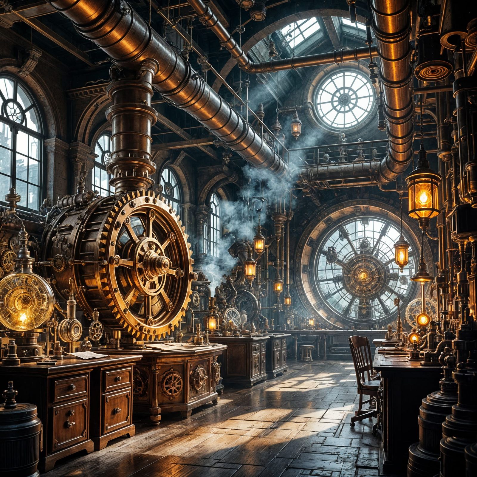 Steampunk Laboratory with Giant Gears and Glowing Inventions