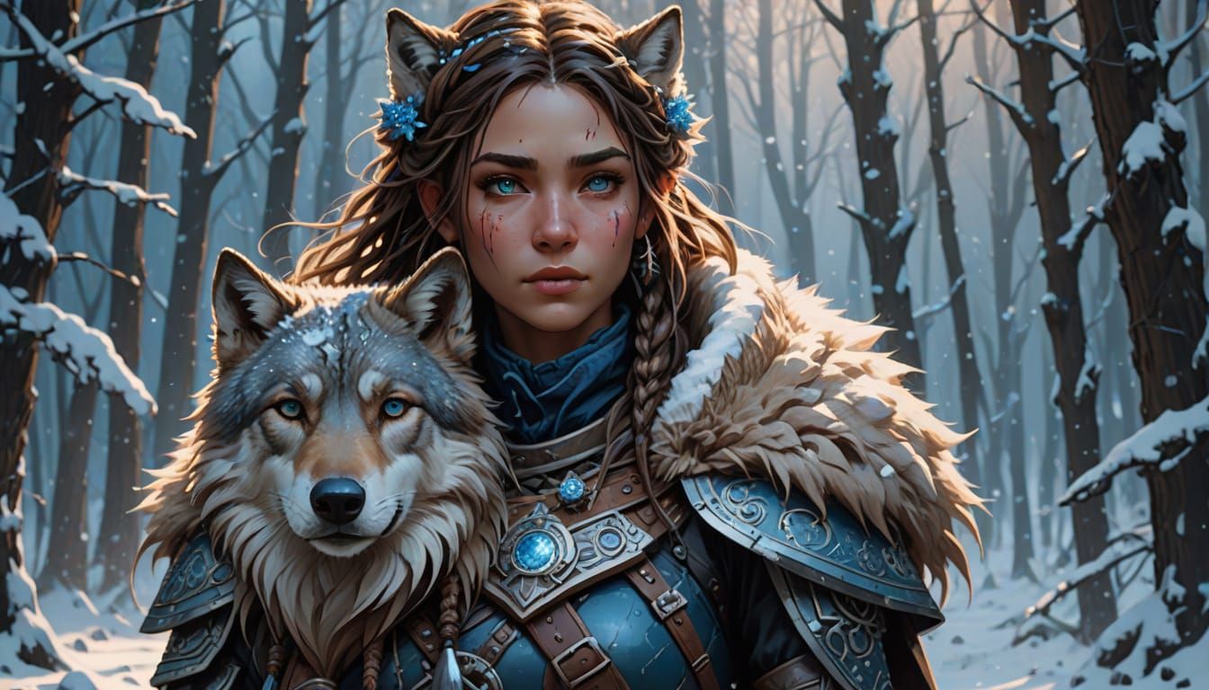Warrior Girl with Wolf Pup in Winter Wonderland