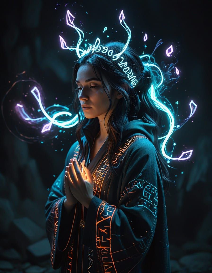 Mystical Mage with Floating Runes in Neon Script