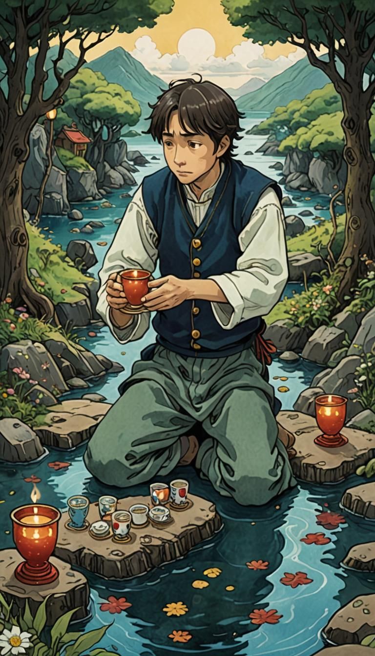 Five of Cups: Ghibli-Style Tarot Card