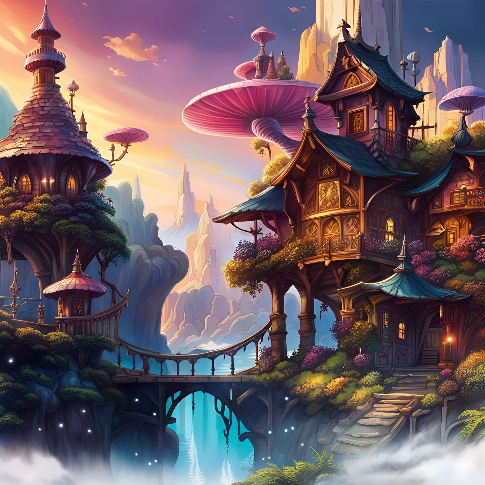 Fantasy Fairy Village: Detailed Digital Illustration