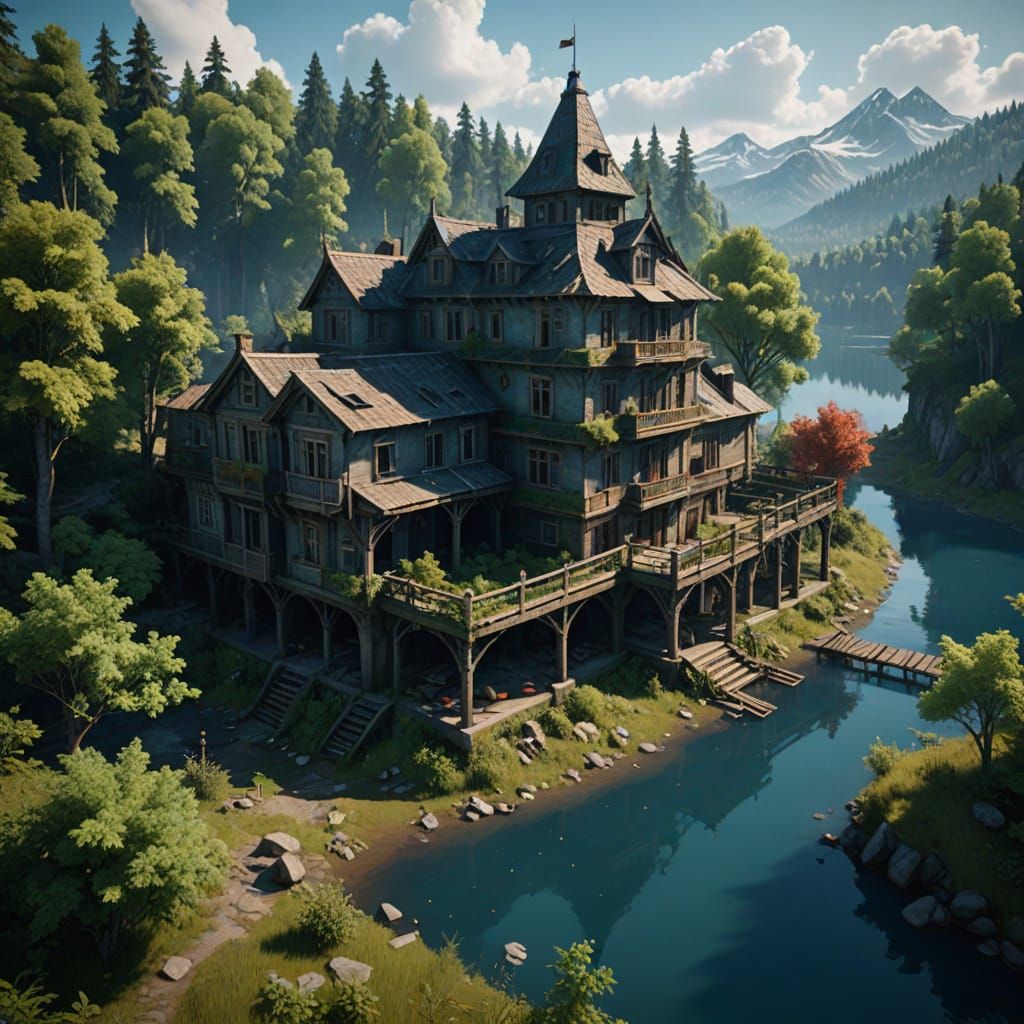 Epic Abandoned Cityscape at Sunset on a Tranquil Blue Lake i...