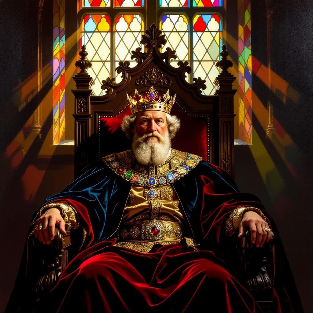 Regal King on Ornate Throne in Dramatic Oil Painting Style