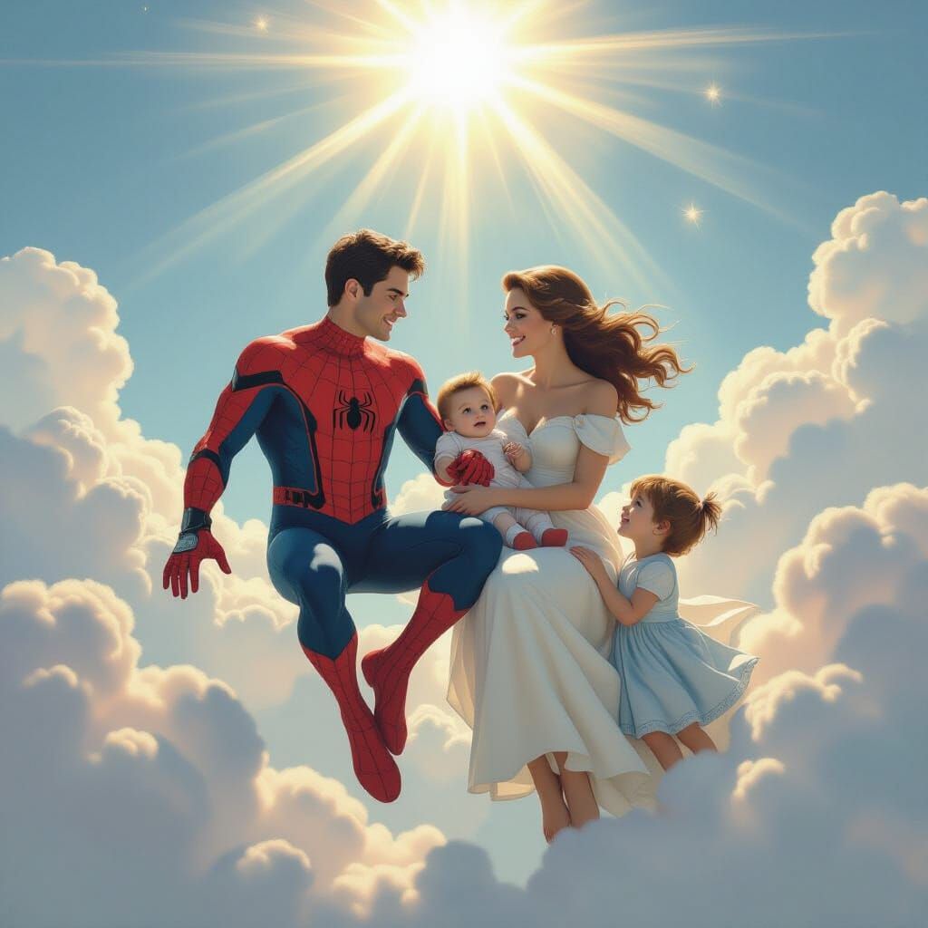 Spiderman Family Ascends in Celestial Sky