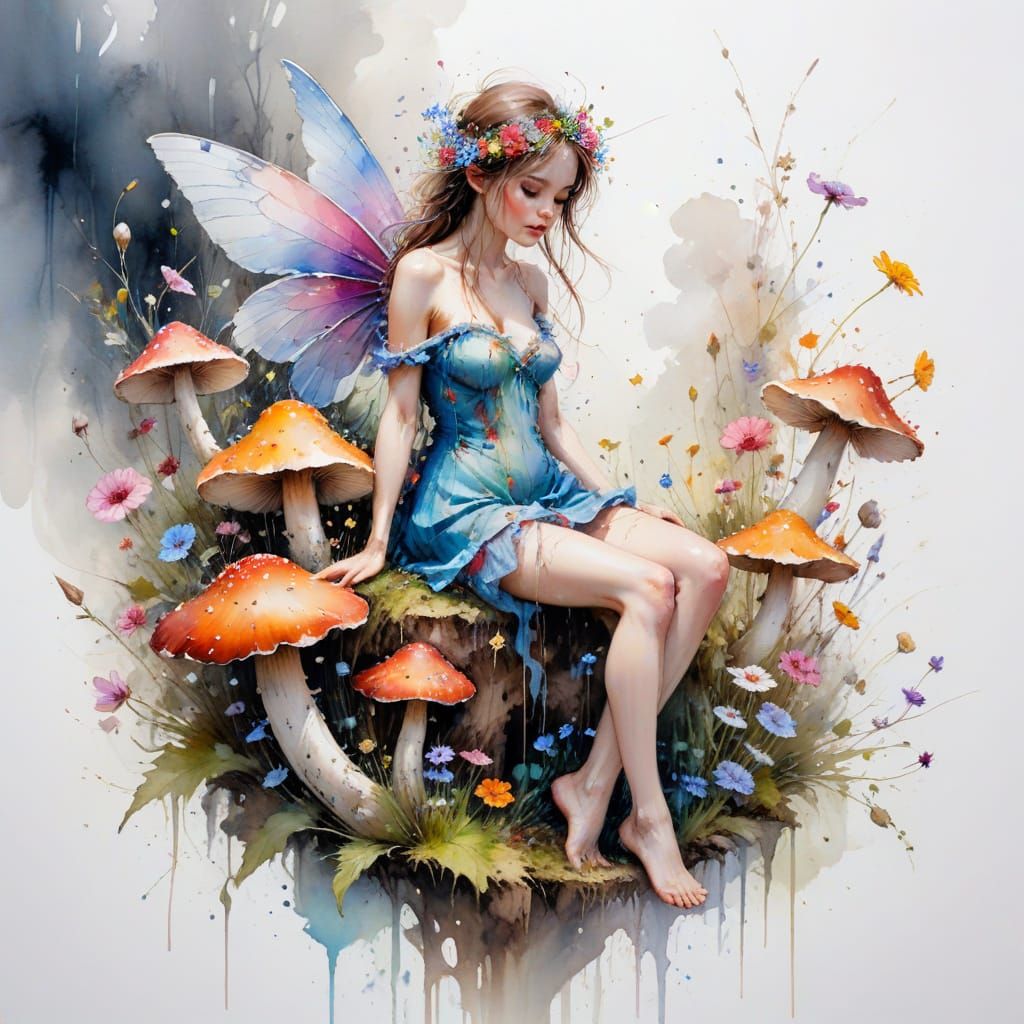 Playful Fairy on Mushroom in Vibrant Fairytale Garden