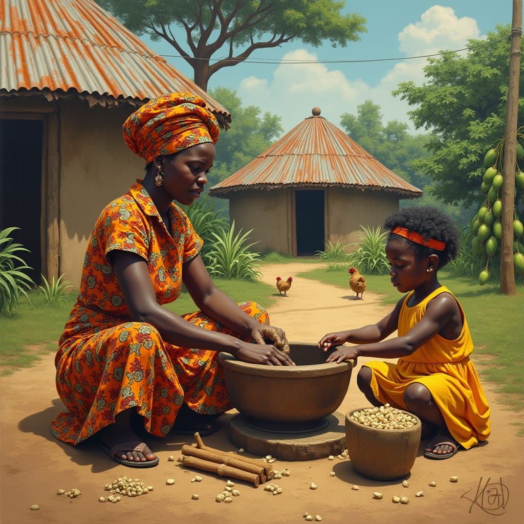 African Mother and Daughter in Traditional Village Setting