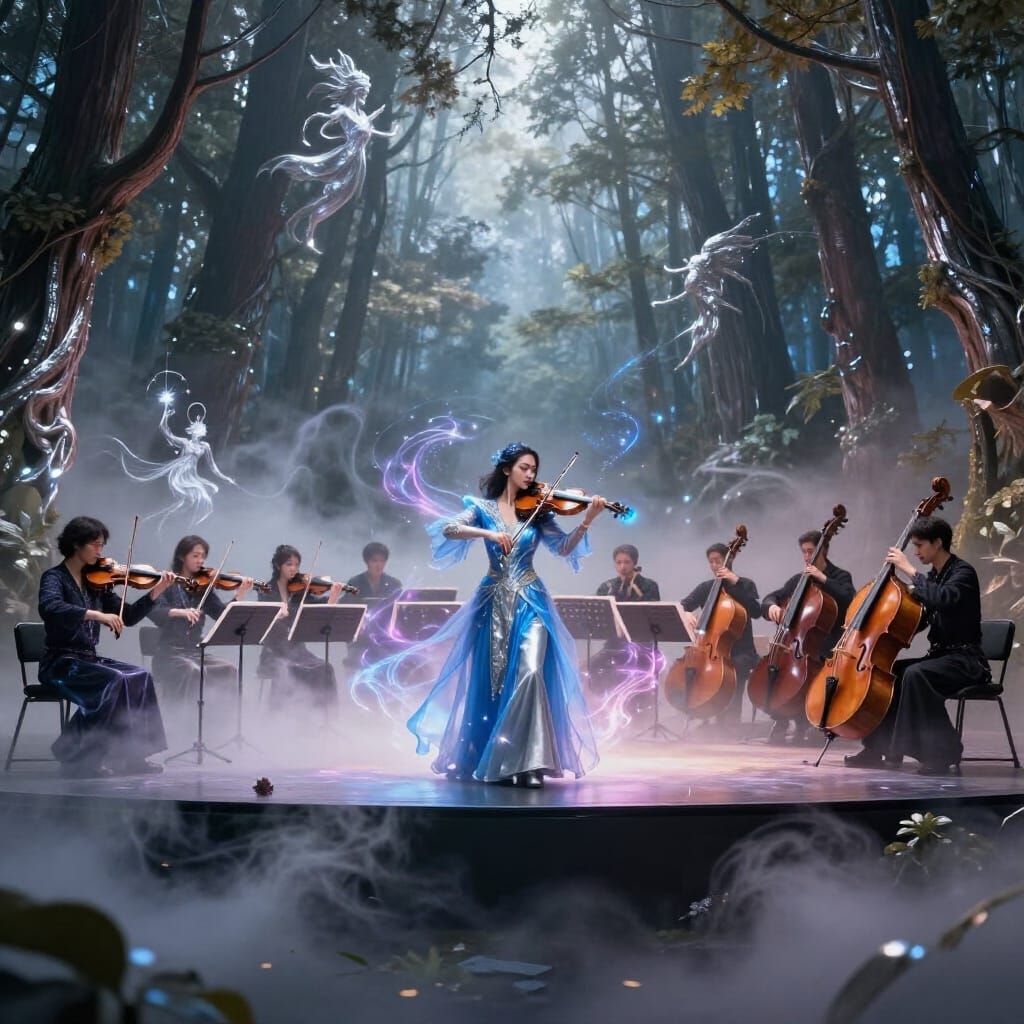 Magical Forest Stage With Violinist and Orchestra