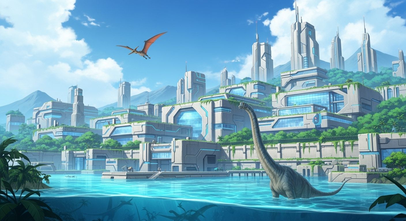 Futuristic Cityscape with Dinosaur in Manga Style