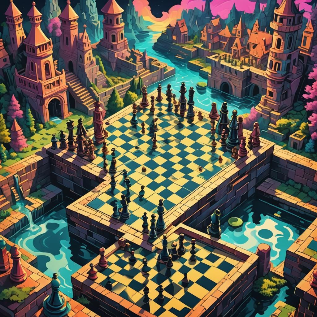 Chess Game in Escher-like Anime Landscape