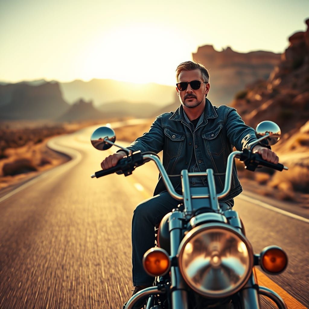 Rugged Biker Riding Down Desert Highway