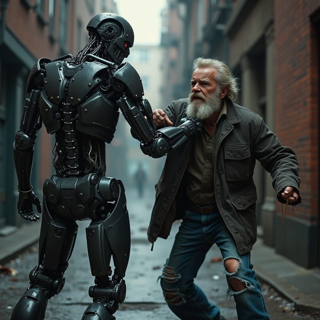 Terminator vs. Homeless Man in Cyberpunk Alley